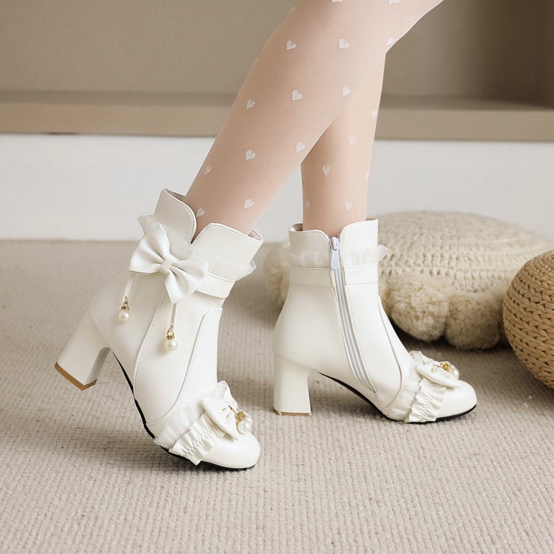Плисирани дантелени ботуши с панделка и перли, среден ток, къси Мартин ботуши в стил Лолита