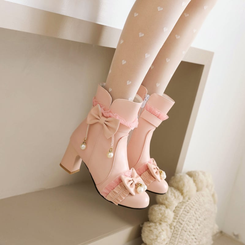 Плисирани дантелени ботуши с панделка и перли, среден ток, къси Мартин ботуши в стил Лолита