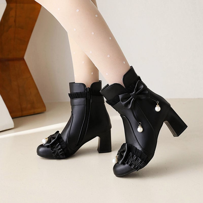 Плисирани дантелени ботуши с панделка и перли, среден ток, къси Мартин ботуши в стил Лолита