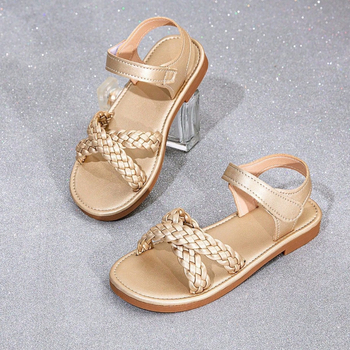 Летни сандали за момичета със велкро, кръстосано плетени декоративни елементи и равна подметка