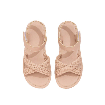 Летни сандали за момичета със велкро, кръстосано плетени декоративни елементи и равна подметка