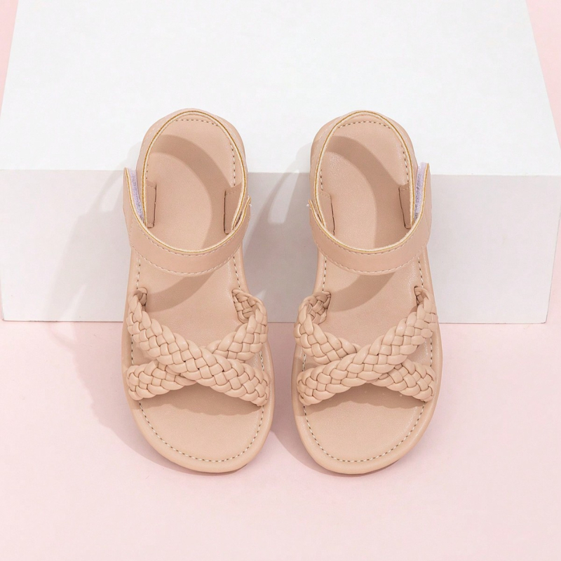 Летни сандали за момичета със велкро, кръстосано плетени декоративни елементи и равна подметка