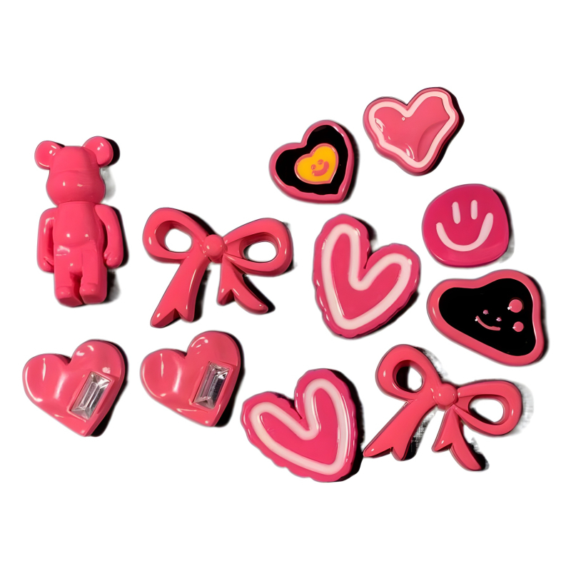 Crocs аксесоари: копчета за обувки с мече, сърце и панделка в розово и тъмно розово