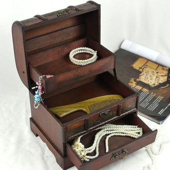 Двуетажна дървена кутия за бижута в античен стил, ретро кутия за грим, винтидж съхранение за бюро, сватбени реквизити, носталгично настолно декориране, без огледало