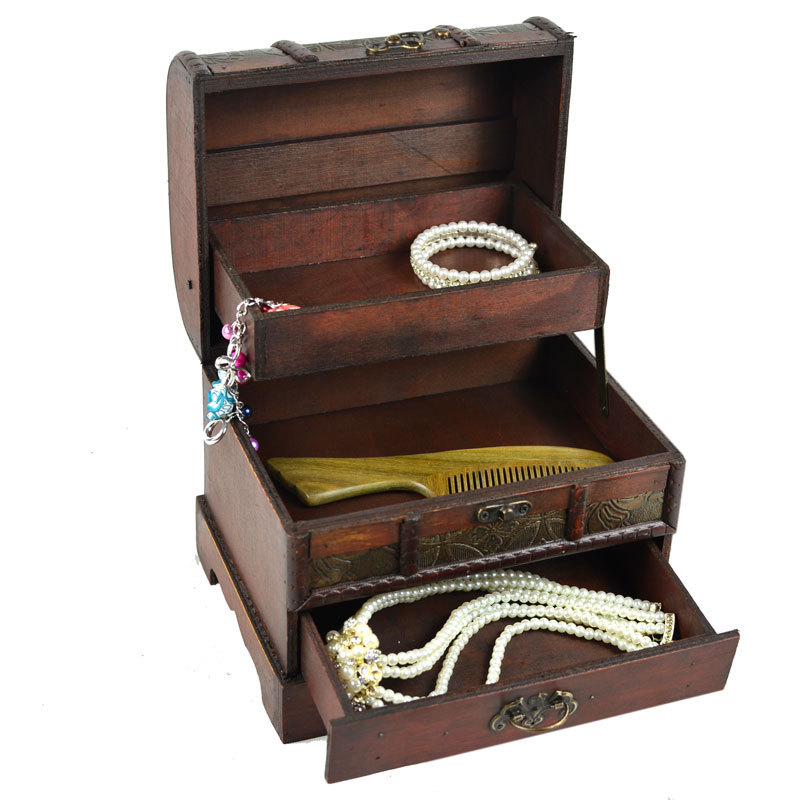 Двуетажна дървена кутия за бижута в античен стил, ретро кутия за грим, винтидж съхранение за бюро, сватбени реквизити, носталгично настолно декориране, без огледало