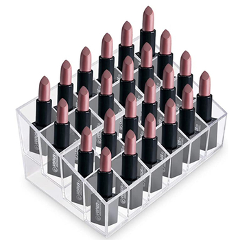 Поставка за червила с 24 отделения — акрилен козметичен органайзер за червила, молив за вежди, молив за очи и други продукти за съхранение и презентация