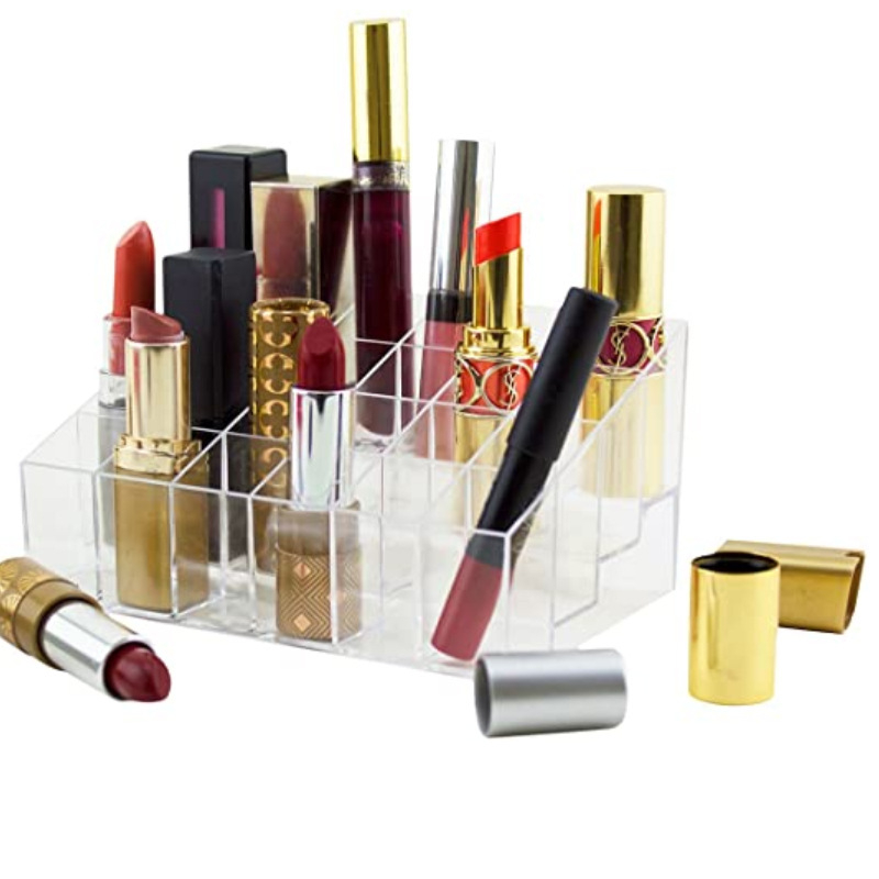 Поставка за червила с 24 отделения — акрилен козметичен органайзер за червила, молив за вежди, молив за очи и други продукти за съхранение и презентация