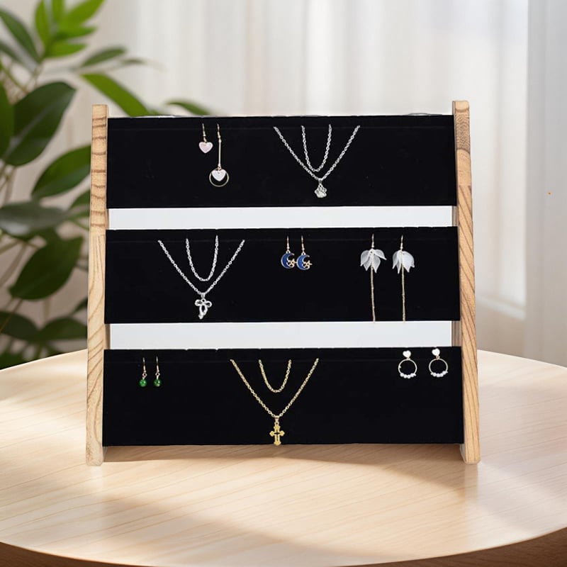 Дървена витрина за бижута за показване на колие, гривна и обеци, трислойна настолна подставка