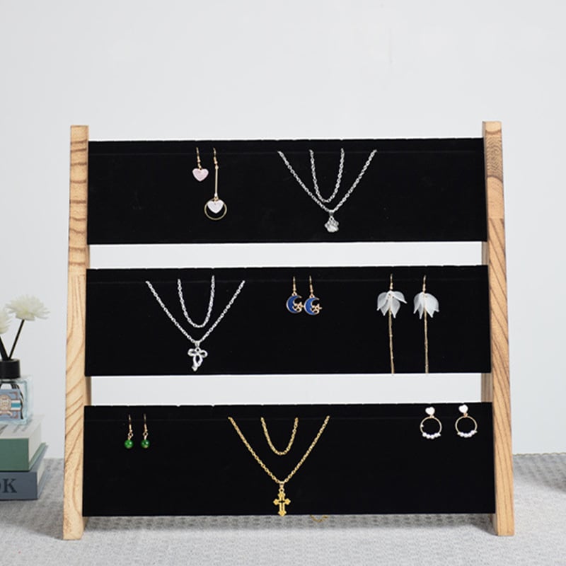 Дървена витрина за бижута за показване на колие, гривна и обеци, трислойна настолна подставка