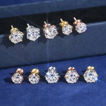 Сребърни обеци S925 с мозанит VVS, кръгла форма, шест-зъбна настройка, унисекс