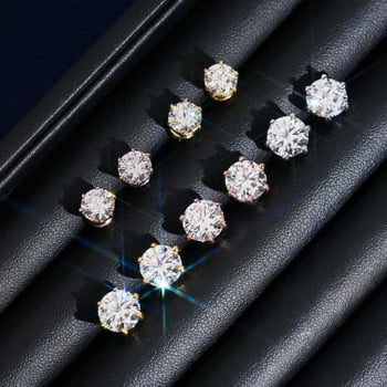 Сребърни обеци S925 с мозанит VVS, кръгла форма, шест-зъбна настройка, унисекс