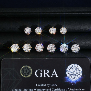 Сребърни обеци S925 с мозанит VVS, кръгла форма, шест-зъбна настройка, унисекс