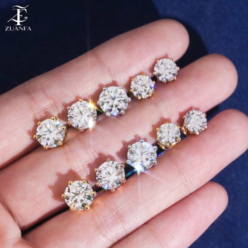 Сребърни обеци S925 с мозанит VVS, кръгла форма, шест-зъбна настройка, унисекс