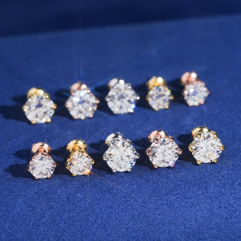 Сребърни обеци S925 с мозанит VVS, кръгла форма, шест-зъбна настройка, унисекс