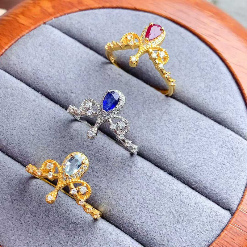 Prirodni rubin i plavi safir prsten od srebra S925, vintage francuska kruna, mikro pavé postavljanje