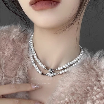 Dvostruko slojevita ogrlica s perlama u obliku Saturna – lagani luksuzni choker za žene