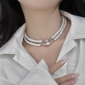 Dvostruko slojevita ogrlica s perlama u obliku Saturna – lagani luksuzni choker za žene