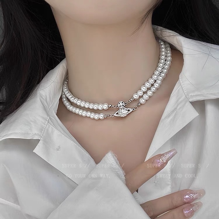 Dvostruko slojevita ogrlica s perlama u obliku Saturna – lagani luksuzni choker za žene