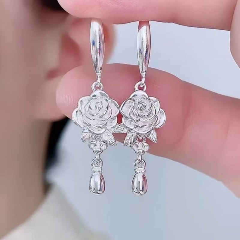 Naušnice u korejskom stilu, trodimenzionalne ruže, romantične i elegantne, dugi etnički stil naušnice