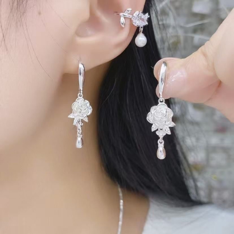 Naušnice u korejskom stilu, trodimenzionalne ruže, romantične i elegantne, dugi etnički stil naušnice