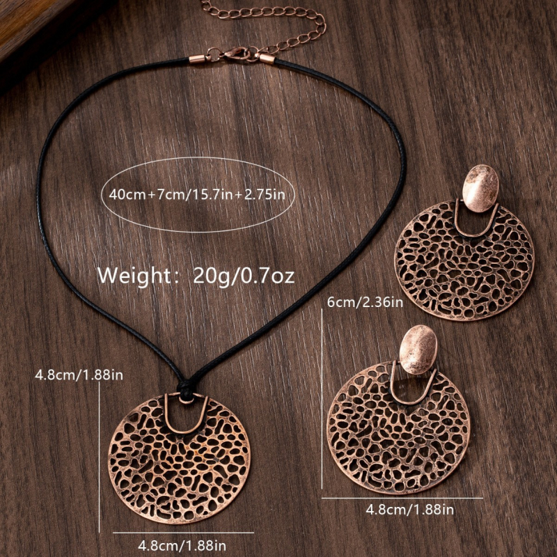 Женски ретро комплект: колие и обеци с геометрични кръгли кухи висулки в антикварно бронзово.