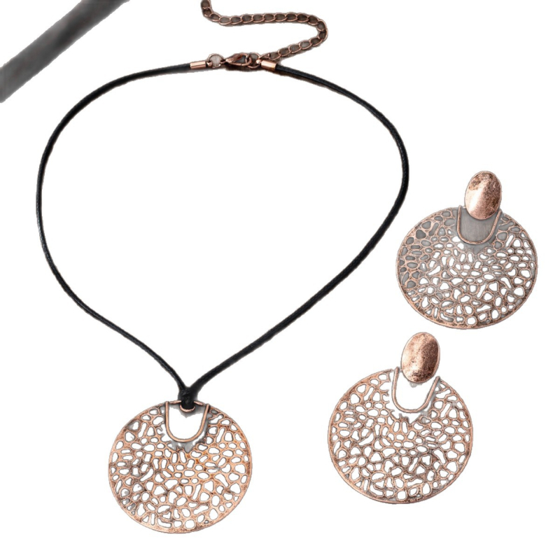 Женски ретро комплект: колие и обеци с геометрични кръгли кухи висулки в антикварно бронзово.