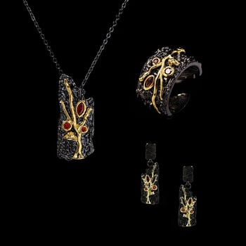 Комплект меден пръстен, колие и обеци с черно-златно покритие и геометричен издялан дизайн