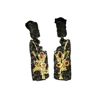 Комплект меден пръстен, колие и обеци с черно-златно покритие и геометричен издялан дизайн