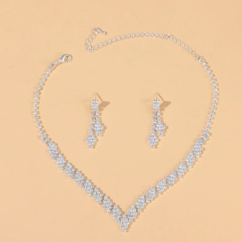 2025 Нов комплект бижута за сватба: огърлица и обеци с пълни диаманти, стилни сватбени аксесоари