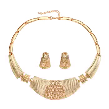 Комплект колие и обеци за жени от цинкова сплав с позлатен оттенък и ажуриран мотив (сърце, капка, камбанка)