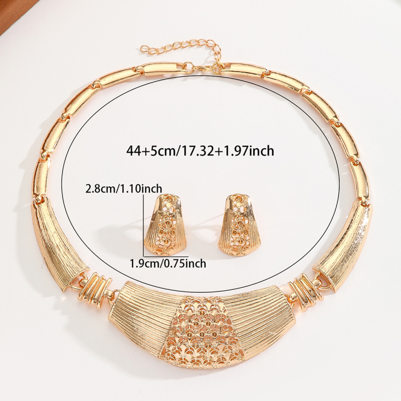 Комплект колие и обеци за жени от цинкова сплав с позлатен оттенък и ажуриран мотив (сърце, капка, камбанка)