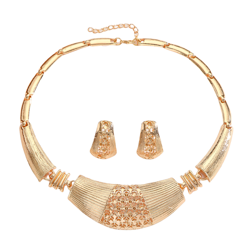 Комплект колие и обеци за жени от цинкова сплав с позлатен оттенък и ажуриран мотив (сърце, капка, камбанка)