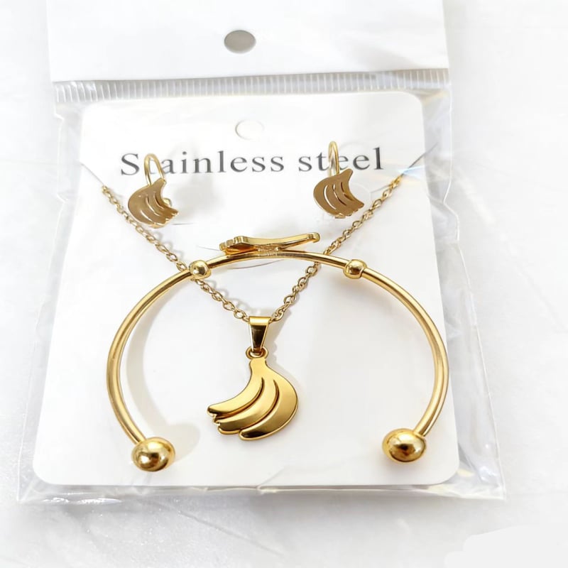 Детски комплект бижута от неръждаема стомана: колие, гривна и обеци с бананов мотив, модерен стил