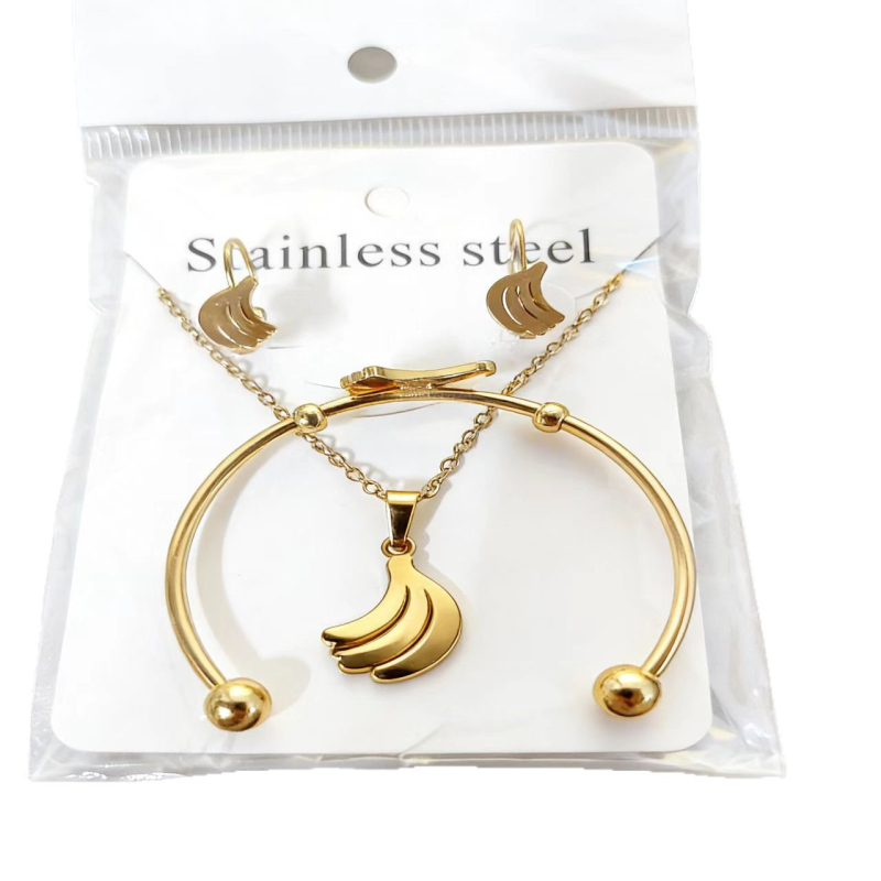 Детски комплект бижута от неръждаема стомана: колие, гривна и обеци с бананов мотив, модерен стил