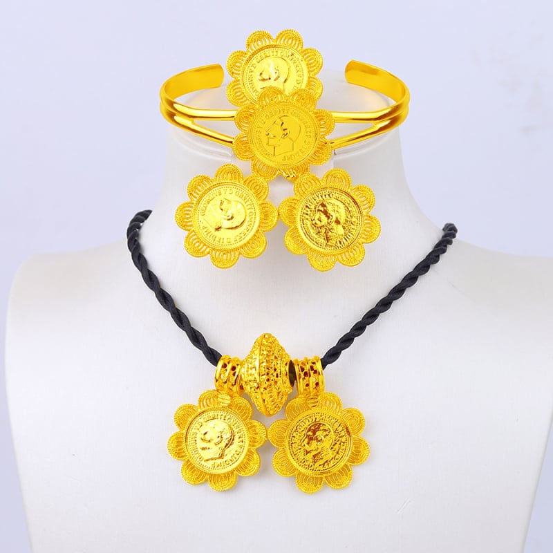 24K позлатен комплект бижута за сватба с огърлица, обици, пръстен и гривна