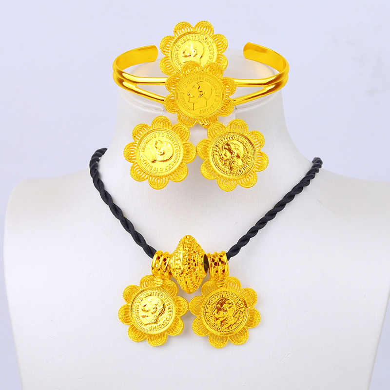 24K позлатен комплект бижута за сватба с огърлица, обици, пръстен и гривна