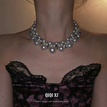 Colier în stil franțuzesc, cu strasuri și perle artificiale, lanț pentru claviculă, pentru femei