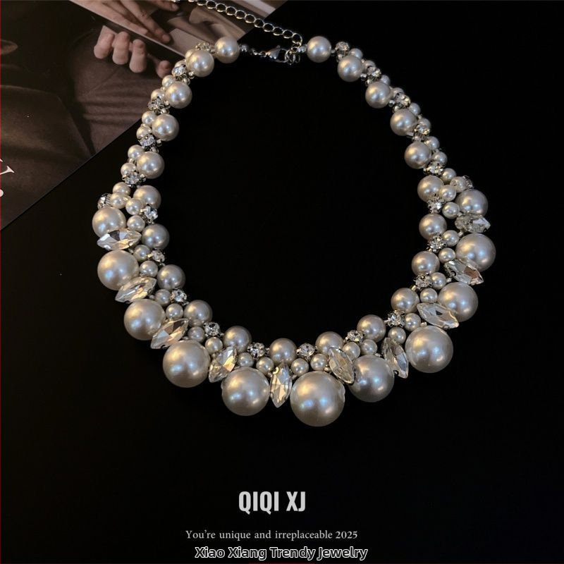 Náhrdelník s rhinestones a imitovanými perlami, francúzskeho štýlu, elegantný pre ženy, reťaz na kľúčnu kosť