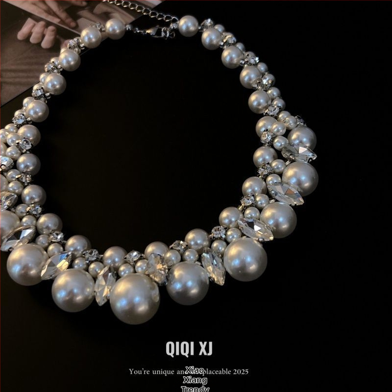 Náhrdelník s rhinestones a imitovanými perlami, francúzskeho štýlu, elegantný pre ženy, reťaz na kľúčnu kosť