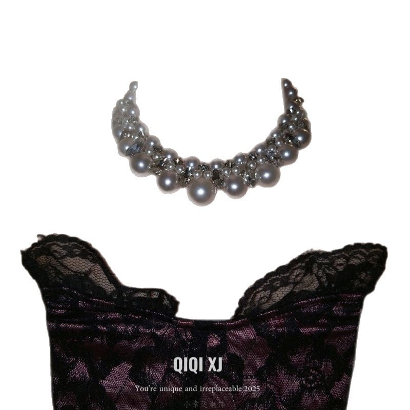 Colier în stil franțuzesc, cu strasuri și perle artificiale, lanț pentru claviculă, pentru femei