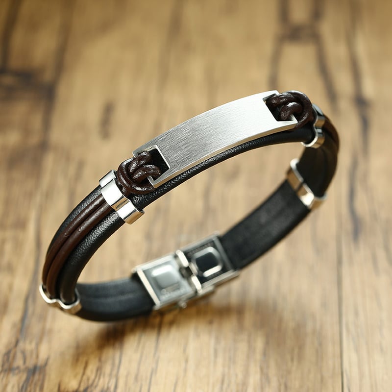 Ανδρικό βραχιόλι από ανοξείδωτο ατσάλι και δέρμα, ευρωπαϊκό-αμερικανικό στυλ, μαύρο, BL-344