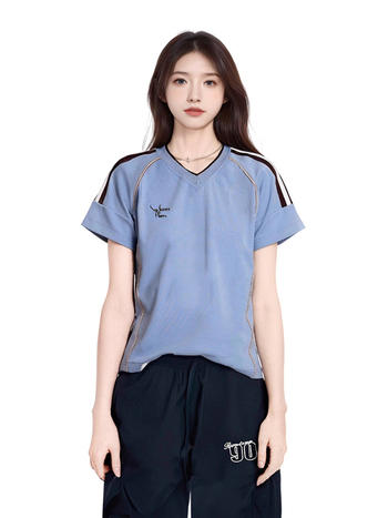 Ženski plavi T-shirt s V izrezom i raglan rukavima, kratki rukav, ljetni vrhunski sportski top