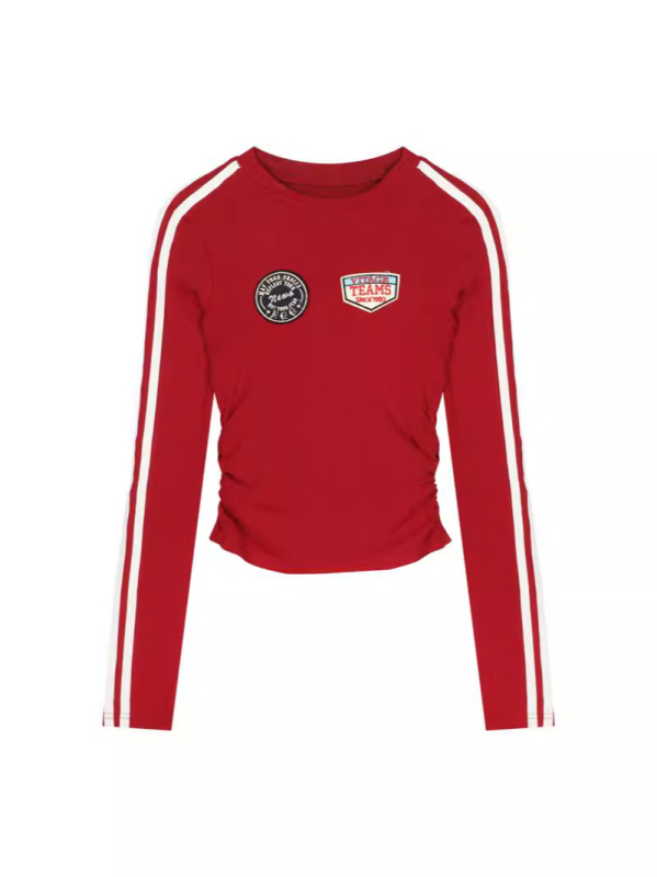 Ženska majica s dugim rukavima, crvene pruge, retro stil, uski kroj, kratki top za jesen.