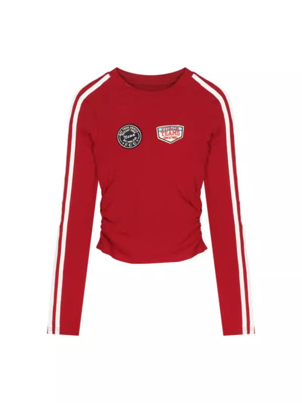Ženska majica s dugim rukavima, crvene pruge, retro stil, uski kroj, kratki top za jesen.