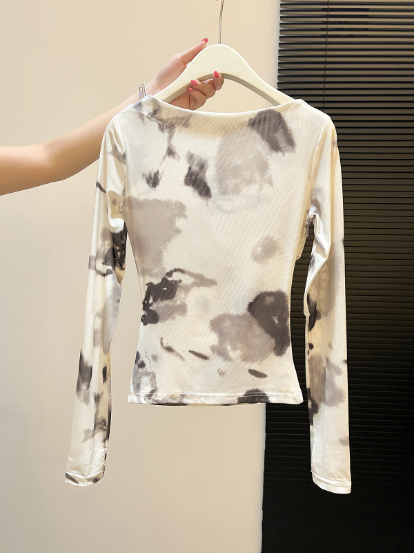 Modni top s osvježavajućim osjećajem i zaštitom od sunca, ženski T-shirt s kosim izrezom, tie-dye uzorak, dugi rukav, mrežasti materijal, stil društvenih dama