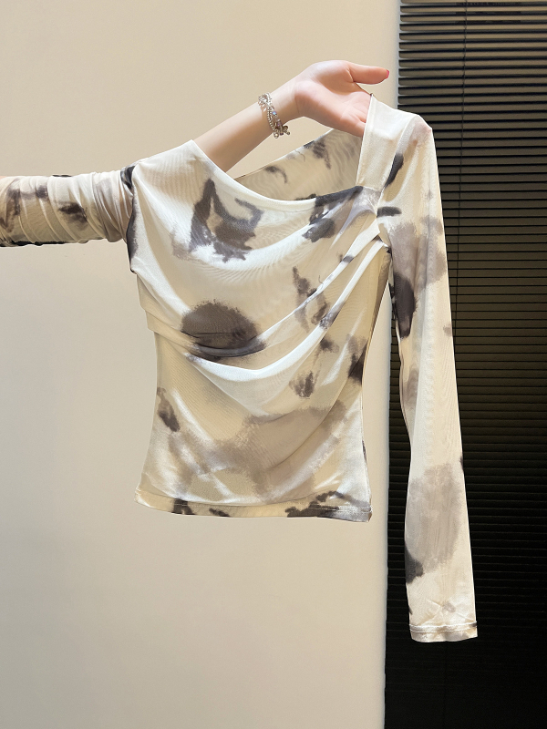 Modni top s osvježavajućim osjećajem i zaštitom od sunca, ženski T-shirt s kosim izrezom, tie-dye uzorak, dugi rukav, mrežasti materijal, stil društvenih dama