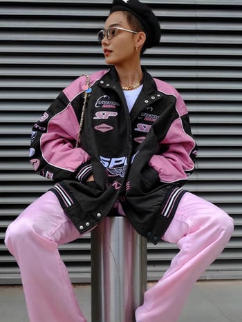 Дамско яке с дълги ръкави в стил мотоциклет с принт, ежедневно и стилно