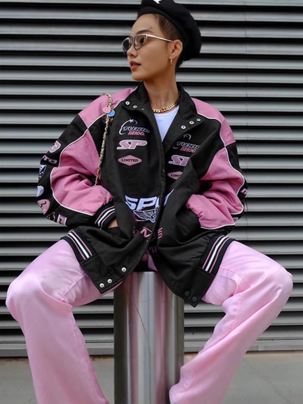 Дамско яке с дълги ръкави в стил мотоциклет с принт, ежедневно и стилно