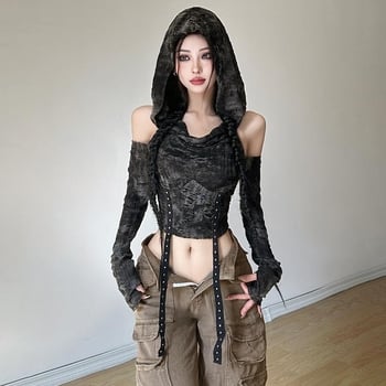 Женска тениска с качулка и дълги ръкави, Y2K стил, тънък силует, черна, с открити рамене