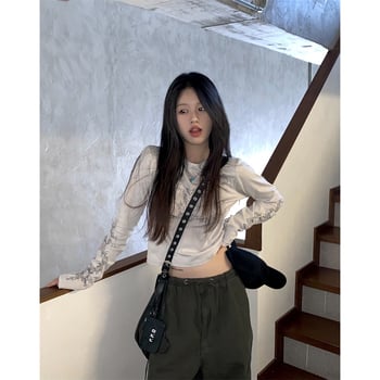 Печатена cropped дамска тениска с дълъг ръкав, стил Vintage chic, тънък силует, есен 2022